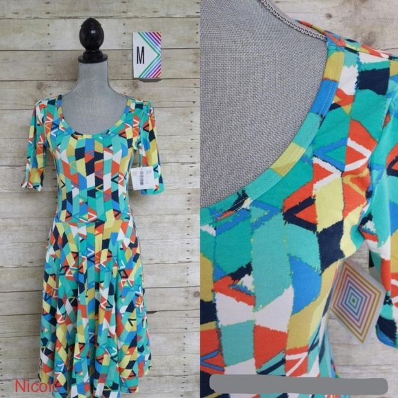 NWT LuLaRoe Nicole Dress M - Blues, Yellows, Orange, White & Green Print - Picture 1 of 1